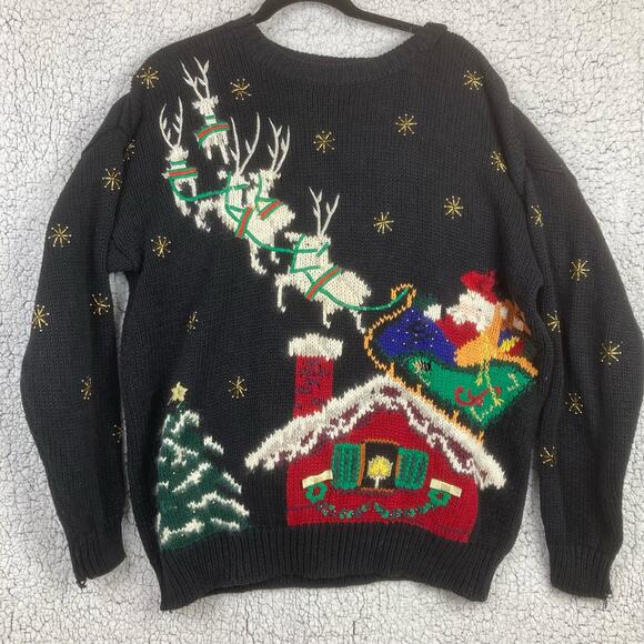 VTG Cascade Classics Ugly Christmas Knit Sweater PL Black Textures Beads (Flaws) - Picture 1 of 14